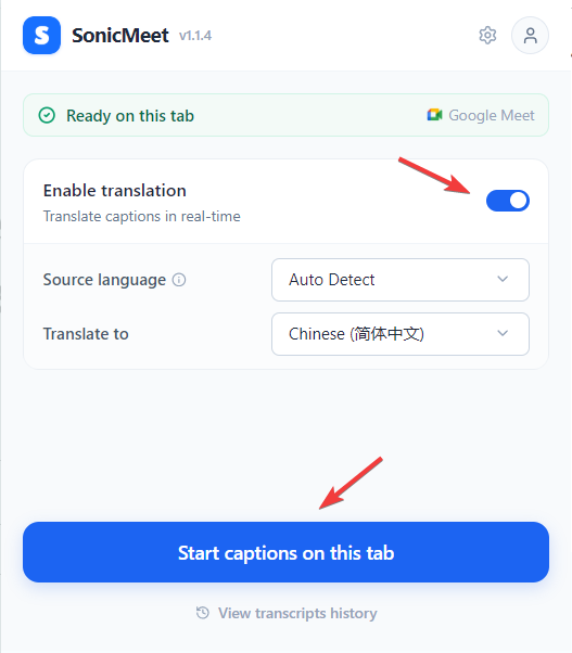 SonicMeet popup — sign in and start a session