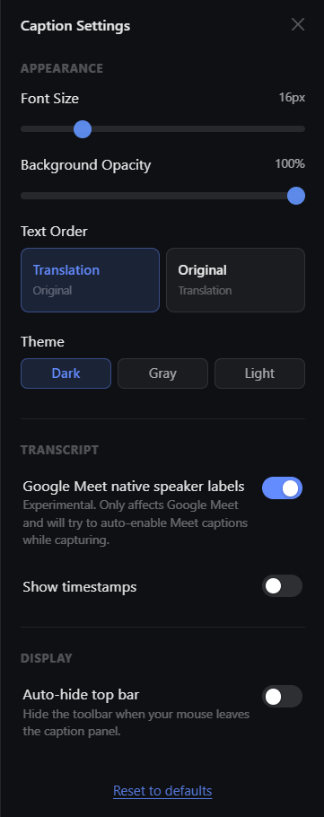 Overlay settings panel — font size, opacity, theme, timestamps, and more