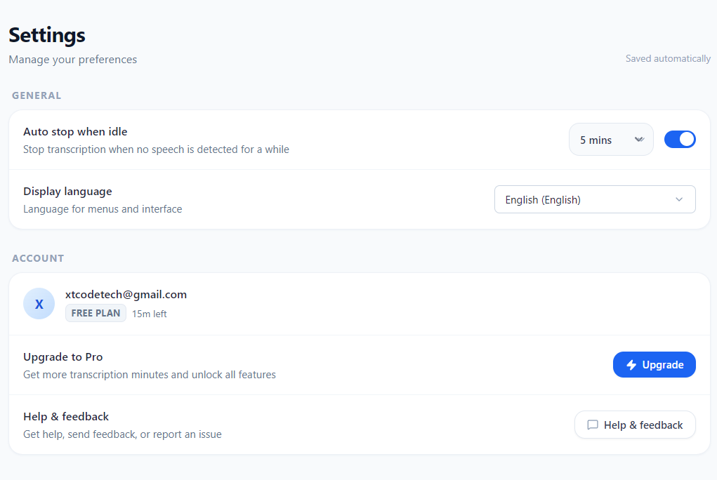 Settings page — auto-stop when idle, display language, and remaining minutes and summary credits